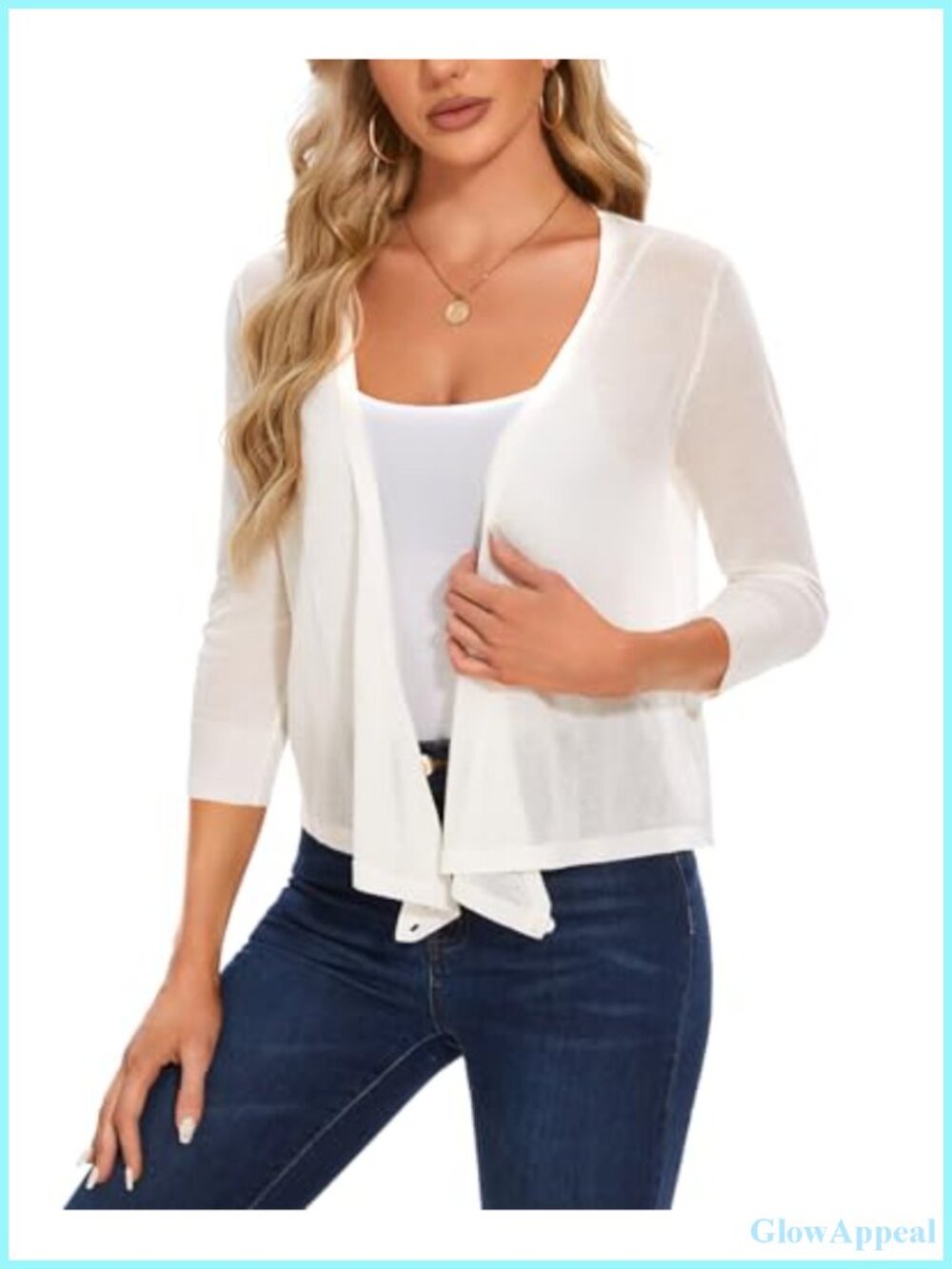 Women's Tie Front Cardigan Bolero Shrug 3/4 Sleeve V-Neck Knit Top